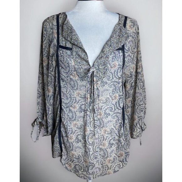 ZARA Blouse Gray Paisley Print Boho Peasant Top Mixed Media Print Women's Size S - Picture 1 of 7